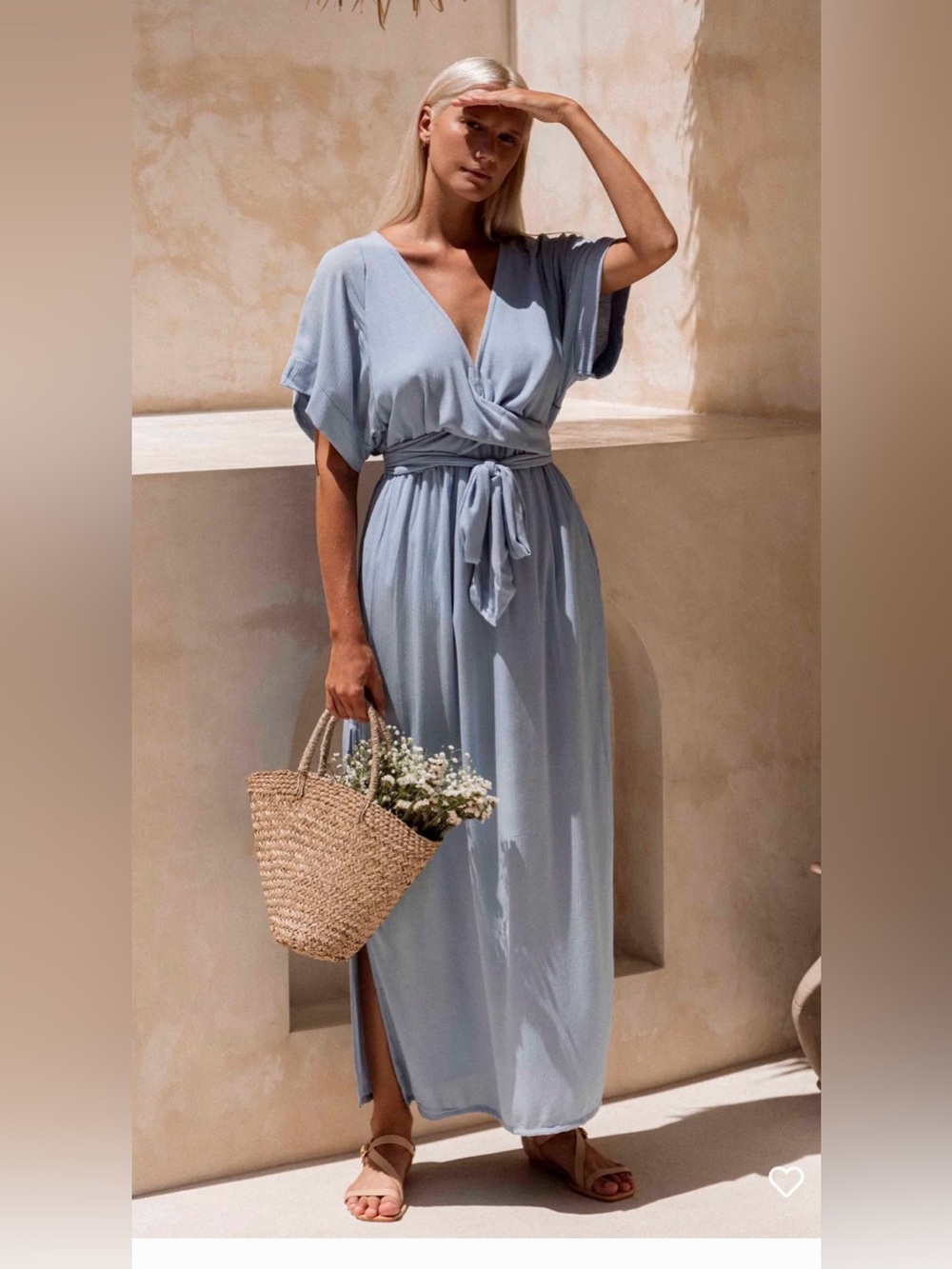 Light Blue V-Neck Wrap Maxi Dress with Tie Waist